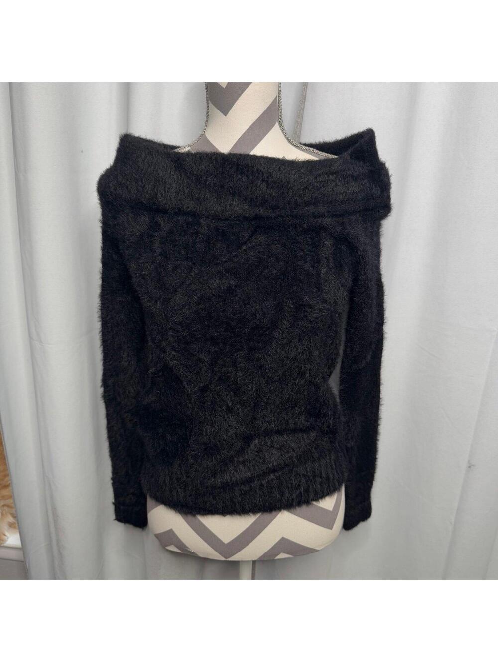Black fuzzy faux fur off the shoulder sweater